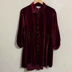 Umgee Velvet Burgundy Button-Up Blouse Mini Dress size L Coquette Boho Holiday